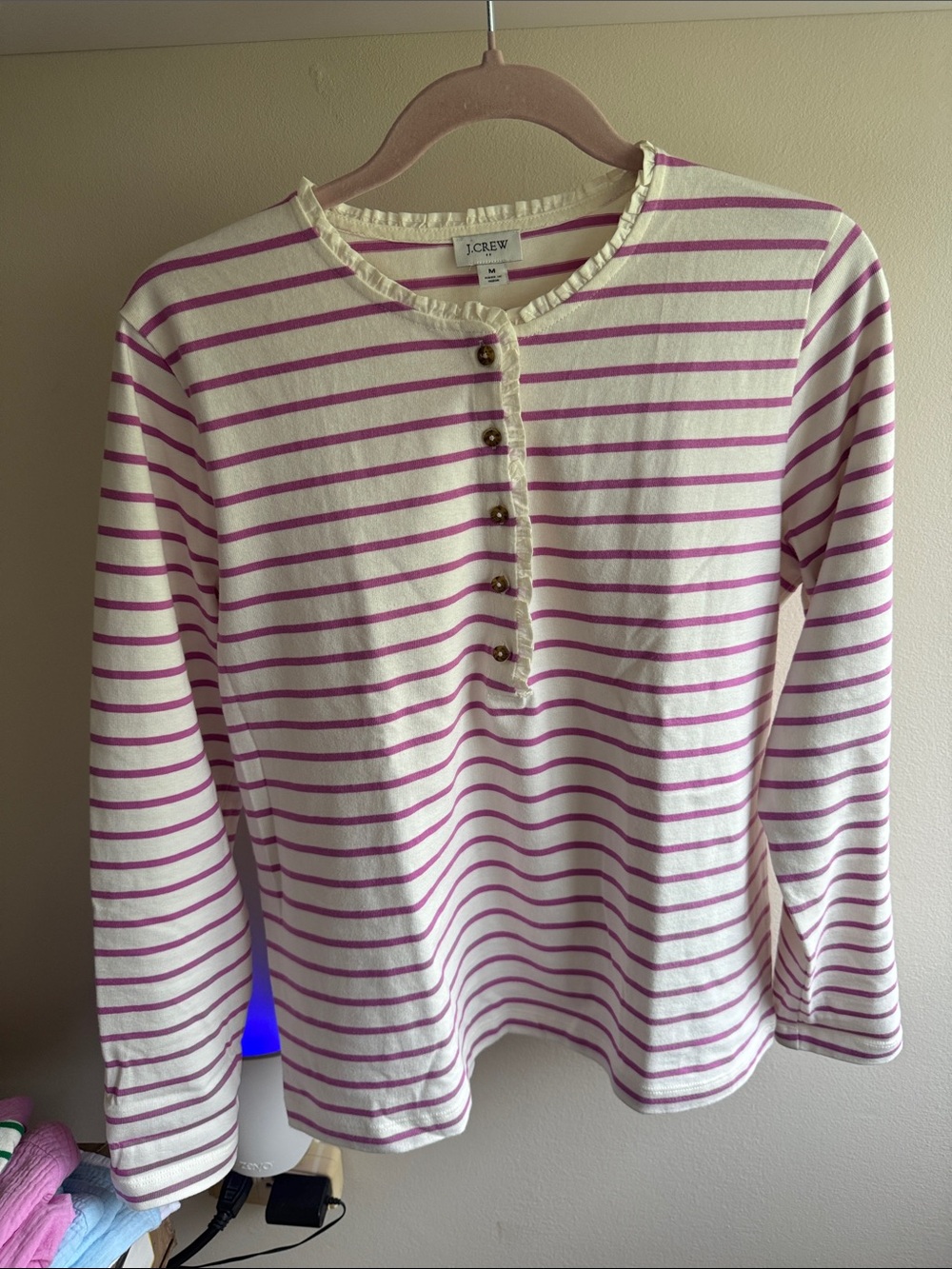 J. Crew Cream and Purple Striped Henley Tee - size M